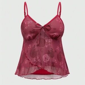 ROMWE red sheer asymmetrical hem rose camisole top whimsigoth size large